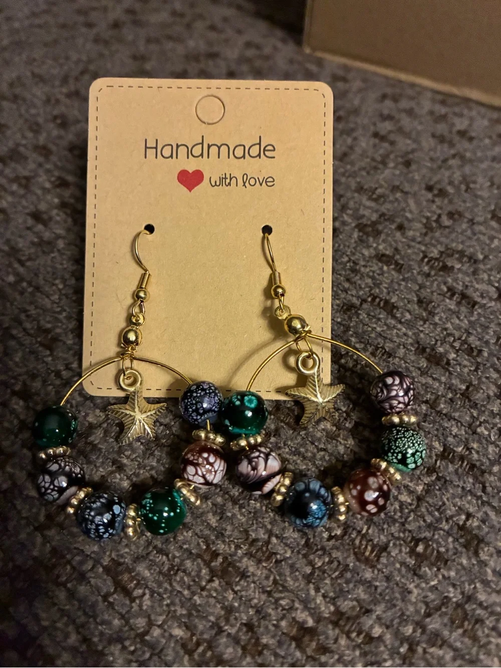 Handmade Gold Hoop Earrings with Multicolor Beads and Star Charm